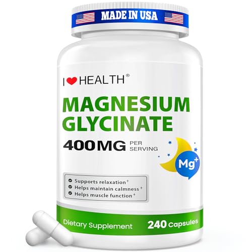 Magnesium Glycinate 400mg per Capsule 240 Capsules High Absorption Magnesium Supplement for Relaxation Calmness & Muscle Support Gentle on Stomach - for Men and Women Made in USA