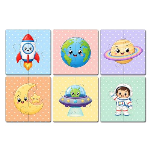 Image of Wooden Jigsaw Puzzle Set of 6 for Kids Age 2-6 Years | Pack of 6 Puzzles with 4 Pieces Each | Toddler Learning Educational Toy | Mixed Themes Puzzle for Boys & Girls (Space)