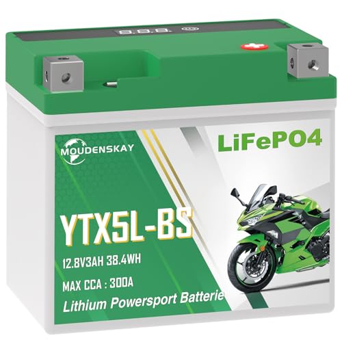 MOUDENSKAY Batería Litio Moto 12V 3ah CCA300+ batería litio YTX5L-BS bateria de litio 12 v para motocicleta con BMS y pantalla, Batería de arranque LiFePO4 para Motocicletas,Cuatrimotos,UTV,etc.