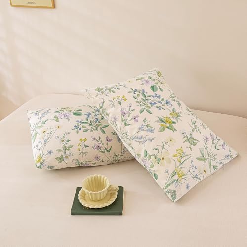 Image of ECOCOTT Floral Pillowcases Standard Size Set of 2, 100% Washed Cotton Pillow Cases with Envelope Closure, Botanical Wildflower Printed Pillow Covers