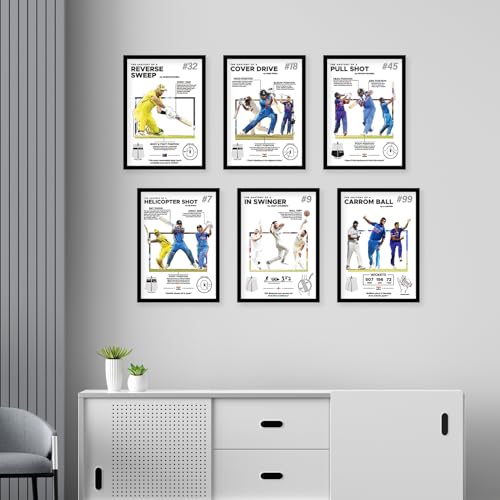 Image of CodersParadise - Cricket Stars Wall Poster Frames - Pack Of 6 | 8 x 12cm (A4 Size) | Aesthetic Artwork Framed Posters | Framed Posters For Living Room, Bedroom, Home And Office