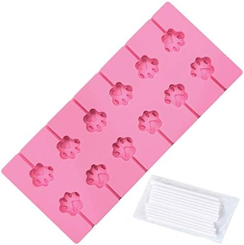 [NEW VERSION] V-fox 12-Capacity Cat Dog Paw Silicone Lollipop Molds, Chocolate Hard Candy Mold with Sucker Sticks for Baking (Pink, 1pcs)