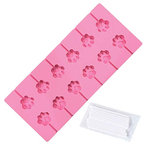 [New Version] V-Fox 12-Capacity Cat Dog Paw Silicone Lollipop Molds, Chocolate Hard Candy Mold With Sucker Sticks For Baking (Pink, 1Pcs) #TOP15