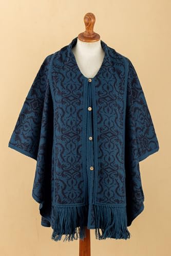 NOVICA Blue Alpaca Blend Ruana Cloak with Attached Matching Scarf, Lima Flora'4