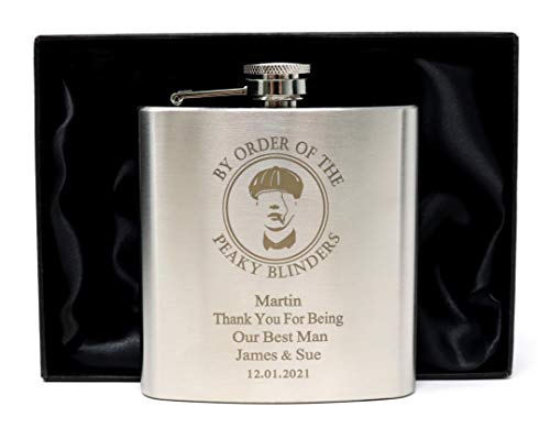 Image of Personalised Engraved Silver Hip Flask in Silk Gift Box - Peaky Blinders Design