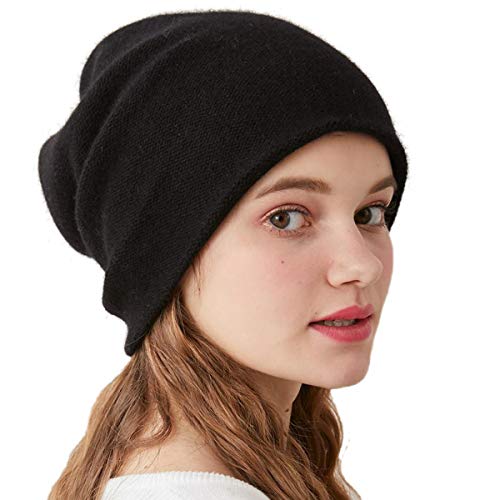 WaySoft Aspen 100% Pure Cashmere Ski Snow Winter Beanie Double Layer Knit Beanie for Women (Black)