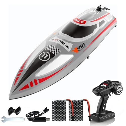Remote Control Boat for Kids, RC Racing Boats for Lake Pool River with Cruise-Control, 30+ KPH Racing Boats, 60Min, 3 Speeds, Self-Righting, One Key Demo, LED Light, 2 Batteries, Water Toys for Kids