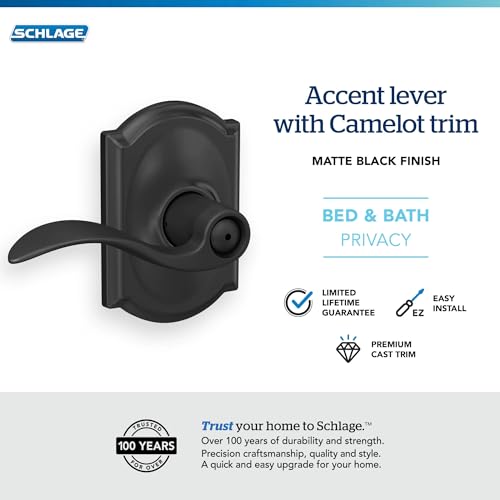 Image of Schlage F40 ACC 622 CAM Accent Door Lever with Camelot Trim, Bed & Bath Privacy Lock, Matte Black