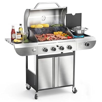 Electactic 4-Burner Gas Grill with Side Burner, Stainless Steel Propane Grill with Built-In Thermometer, 42000BTU BBQ Grill for Outdoor Cooking, Patio and Backyard Barbecues