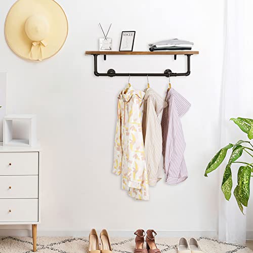 Mygift 31-Inch Industrial Garment Rack Wall Mounted Black Metal Pipe Hanging Clothing Rod And Brown Wood Storage Shelf #TOP2