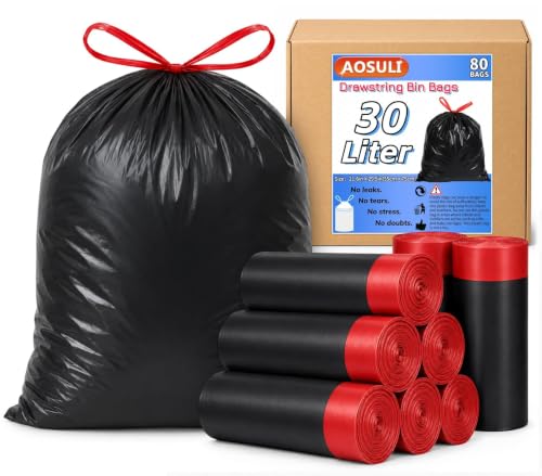 AOSULI 30L Bin Bags, Black Swing Bin Liners for Kitchen Waste, 80 Counts