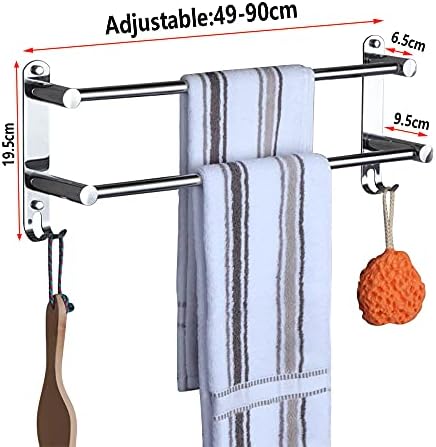 HONPHIER® Adjustable Towel Rail 2-Tier Bath Towel Rack SUS 304 Stainless Steel Towel Shelves with Hooks Wall Mounted Towel Holder Towel Bar for Kitchen Bathroom 49-90CM, Chrome