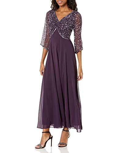 J Kara Women's 3/4 Sleeve V-Neck Beaded Top Long Gown, Plum/Mercury, 12