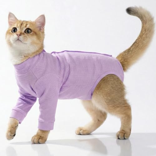 Cat Onesie for Cats After Surgery Male Female, Breathable & Soft Fabric Cats Spay Recovery Suit, Cone Alternative Surgical Suit with Leg Sleeves to Stop Licking, Cat Wound Care Shirt Wear(Purple, M)