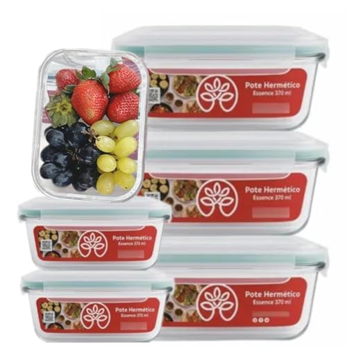 Pote Hermetico Essence, Kit 6 Potes de Vidro, 370ml, Tampa com Travas e Anel de Silicone, Resistente, para Forno, Air Fryer, Freezer e Micro-ondas