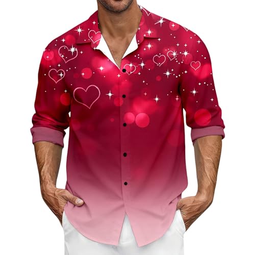 QJDFLL Saint Valentin Chemise à Manches Longues imprimée cœurs pour la Saint-Valentin, idéale Une Tenue décontractée. Haut élégant Homme, Coupe Moderne et Tissu(Rouge,S)