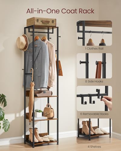 VASAGLE Clothes Rack, Coat Rack Stand with Hanging Rail and Hooks, Hall Tree with Shelves, Steel Frame, for Clothes, Bags, Hats, Ink Black and Rustic Brown RCR061BD04 - Image 2