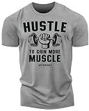 Hustle to Gain More Muscle Workout Tees Men, Gym Lifting Motivational, Grey, XL