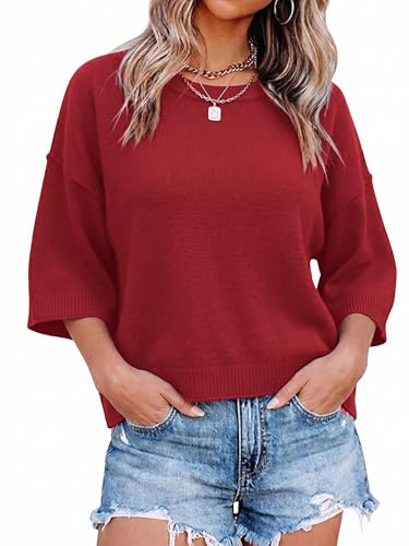 LaGracia Sweater for Women Summer Short Sleeve Oversized Cropped Sweaters Casual Crewneck Lightweight Knit Tops Bright Red S