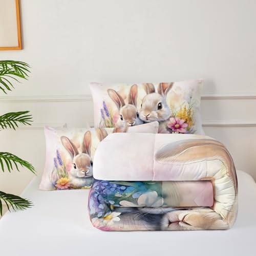 Image of Cute Rabbit King Comforter Set for Kids,Kawaii Bunny Quilt Set for Boys Girls,Rural Farm Animals Fluffy Rabbit Flowers Garden Bed Set,Pink Watercolor Bedding Set for Bedroom Decor