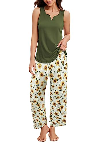 Famulily Cropped Pyjamas for Women Plus Size Home Wear Pajamas Cotton Sleepwear Tank Top and 3/4 Capri Pants Army Green XL