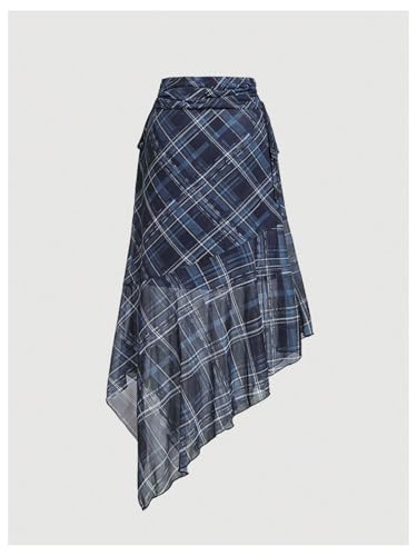 MakeMeChic Women's Plaid Skirts Asymmetrical Mesh Skirt Ruched Ruffle Midi Skirts2