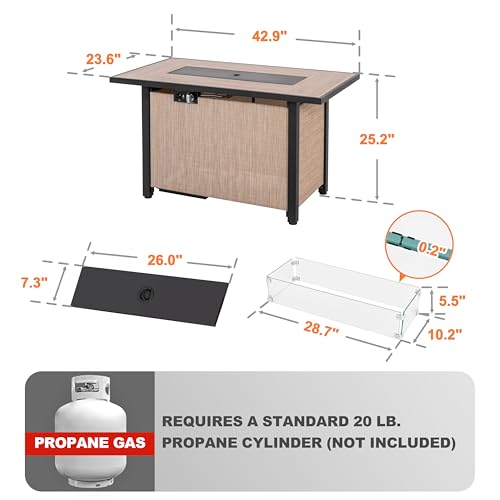 Image of Nuu Garden 43 Inch Propane Fire Pit Table CSA Listed 50000 BTU Gas Fire Pit with Lid Glass Wind Guard and Fire Glass Beads 2 in 1 Rectangular Outdoor Fire Table for Patio Backyard Light Brown