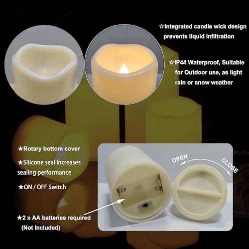 Image of iZAN Outdoor Indoor Flameless Candles with Timer Waterproof Plastic Realistic Flickering Battery Operated LED Pillar Candles Long Lasting 1500 Hours Battery Life 3x5 inch Waved Edge 2-Pack