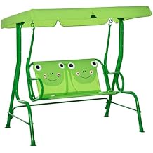 Outsunny Kids Patio Swing, 2-Seater Outdoor Swing Chair with Adjustable Canopy and Safety Belt, Frog Pattern Hanging Swing Bench for Garden or Backyard, Green