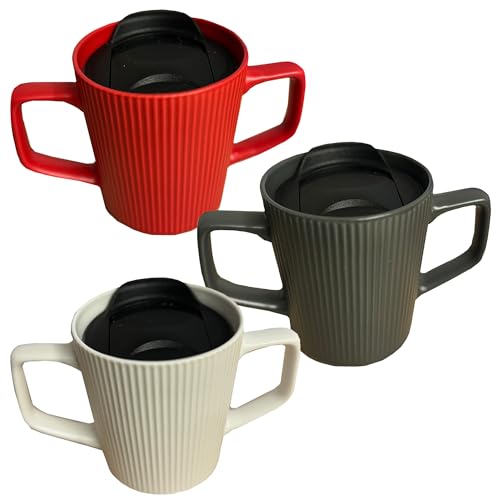 Boscul Two Handled Mug, Living Aid, Tremors, Weaker Grip, Arthritis, Health Conditions, Weaker Grip, Disabilities, Dual Handle Non Spill Lid Cup 3 Colours 300ml (Grey)