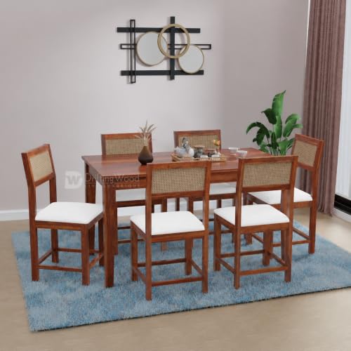 Image of DRIFTINGWOOD Amber Solid Sheesham Wood 6 Seater Dining Table Set with Rattan Back Chairs | White Rexine Upholstered Seating for Home & Dining Room (Honey Finish, DIY)