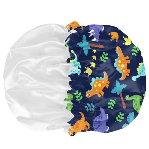 Image of Dinosaur Palm Tree Printed Kids Satin Bonnet Child Double Layer Sleep Cap Sleeping Beanie Elastic Band for Haircare Curly Natural Long Hair Cap Hat for Toddler Baby