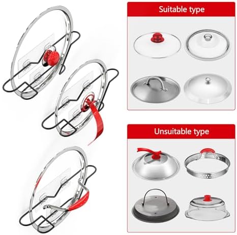 3 Pack Pot Lid Organizer, Rust Resistant Pan Lid Holder Organizer, No Drilling Adhesive Pot Lid Holder Inside Cabinet Door Wall Mount, Black Metal