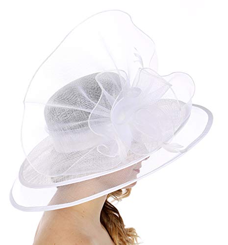 Serenita Dress Hat Women, For Church Party Bridal Wedding Cocktail, Wide Brim Flower Cloche Bucket, White 12 #TOP1