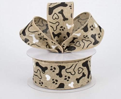 1.5" Dog Bone, Paw Print, Heart Canvas Ribbon 10 Yards (30 Feet) Roll 1 1/2 Inch Wired Edge Natural Beige: Black & White Ribbon