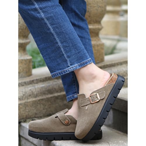 Image of Women's Suede Platform Clogs Leather Mules Slip On Indoor Outdoor Shoes | Arch Support, Cork Footbed, Adjustable Buckle,Water Resistant Upper,All Day Comfort