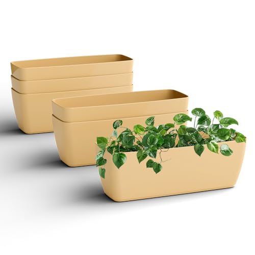 Image of YUCCABE ITALIA SHERA CABI Tray 16 INCH Plastic Flower Tray Pot Unbreakable Rectangular Planter Suitable for Home Garden Seedling Indoor and Outdoor (Beige, Pack of 6)