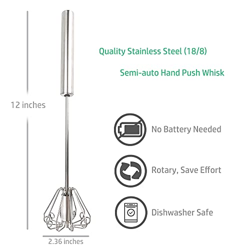 Kkr Semi-Automatic Egg Whisk, Egg Beater, Stainless Steel Hand Push Whisk For Eggs Beating, Liquid Whisking & Stirring (12 Inches) #TOP4