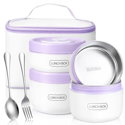 Dandat 4 Pcs Insulated Lunch Container, Portable Bento Box, Stainless Steel Lunch Box, Round Stackable Leakproof Thermal Food Container for Adult Men Women with Insulated Bag, 74 oz(Purple)