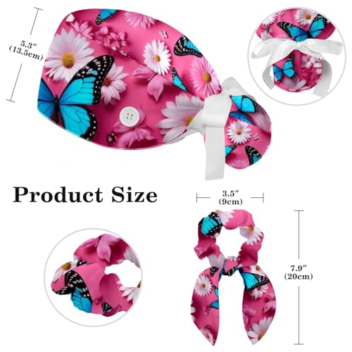 Image of Butterfly Scrub Cap Women with Ponytail & Buttons Adjustable Surgical Nurse Hat with Cotton Sweatband for Long Hair