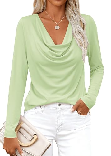 PRETTYGARDEN Womens Spring Tops 2026 Dressy Cowl Neck Long Sleeve Shirts Loose Business Casual Blouses Teacher Tunic Top(Light Green,3X-Large)
