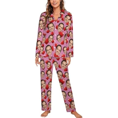 CUXWEOT Pajamas Set for Women's Long Sleeve 2 Pieces Personalized Face Photo Button Down Sleepwear Pj Set for Valentine's Day Gift L (Heart Pink) Cover