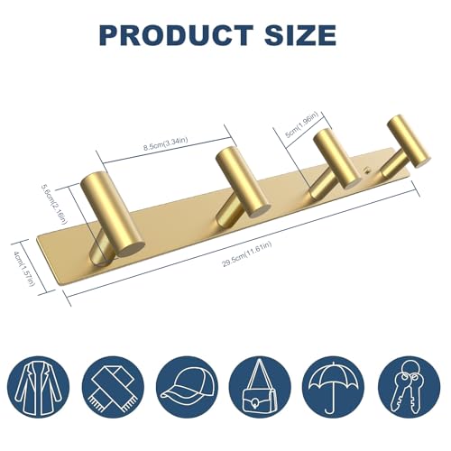 Image of VAEHOLD Hat and Coat Wall Mount Rack - Hooks for Robes, Bags, Keys, and Towels - Bathroom Towel Hanger Organizer (Gold, inchT inch Shape 4 Hooks 2 Pack)