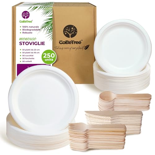 GoBeTree Stoviglie Usa e Getta da 250 pezzi per 50 persone, Piatti Usa e Getta in Canna da Zucchero e Posate Usa e Getta in Legno, Per Compleanni Infantili, Feste e Barbecue
