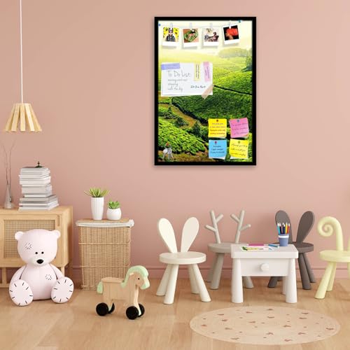 Image of ArtzFolio Tea Plantations, Munnar, Kerala | Bulletin Board Notice Pin Board | Vision Soft Board Combo with Thumb Push Pins & Sticky Notes | Black Frame | 24 x 36 inch (61 x 91 cms)