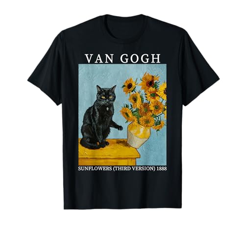 Van Gogh Black Cat With Sunflowers Funny Cat Meme T-Shirt