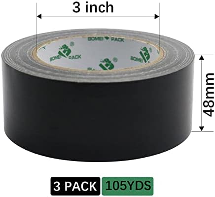 BOMEI PACK Reinforced Cloth Duct Tape,3 Rolls 48mm x 32m Black,Premium Waterproof Sticky Heavy Duty Cloth Duct Gaffer Tape for Repairing,Sealing,Bundling,Strapping Home Jobs