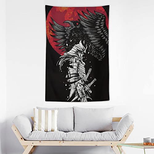 Qlazo Japanese Samurai Guard Black Crow Sunset Art Tapestry Tapestry Wall Hanging Curtain Decor Bedroom Home Living Room Wall Art Tapestries 40"X60" #TOP2