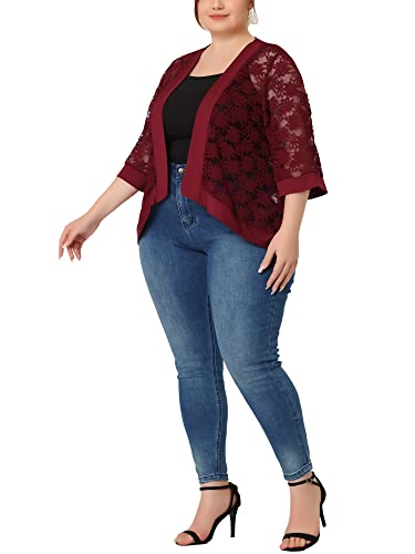 Image of Agnes Orinda Plus Size Cardigans for Women 3 /4 Sleeve Open Front Lightweight Sheer Shrug Lace Bolero Cover Up