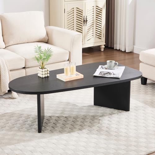 Ya-Home Black Coffee Table, Mid Century Modern Living Room Table with Irregular Surfboard Shape Top Solid Base, 51” Side Table Reception End Table for Office, Balcony, Black